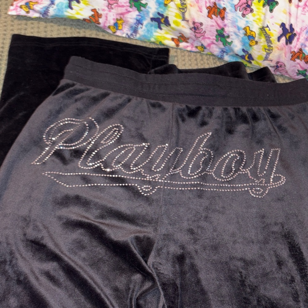 PLAYBOY Black Velour Logo Pants with Rhinestone Script